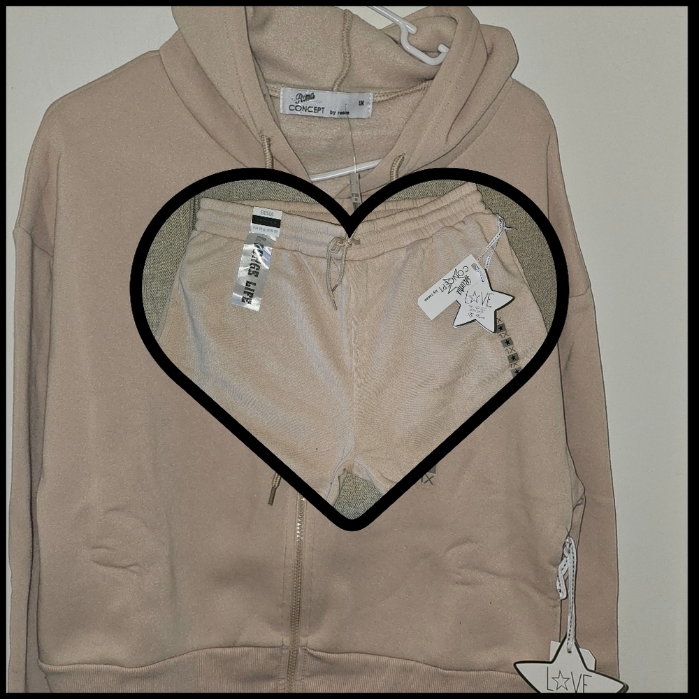 Roma Concept Crop Zip Hoodie + Elastic Fleece Shorts (Beige) (2 Piece Set)